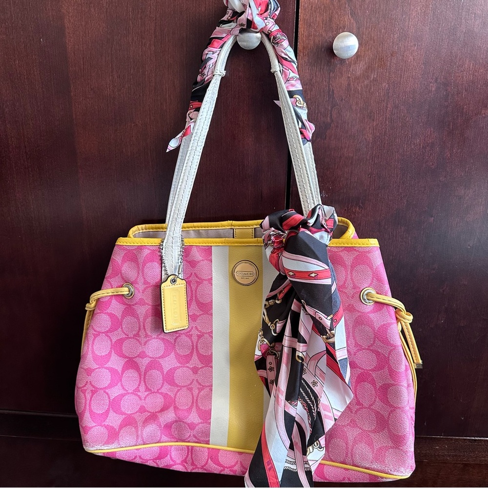 Coach Pink and Yellow Shoulder Bag with Signature Pattern - Picture 17 of 17